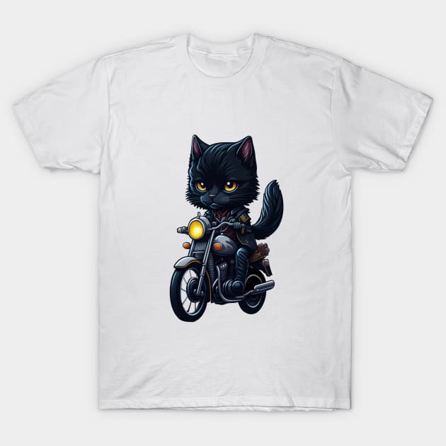 Biker Cute Black Cat Riding Motorcycle T-Shirt by Pixelate Cat